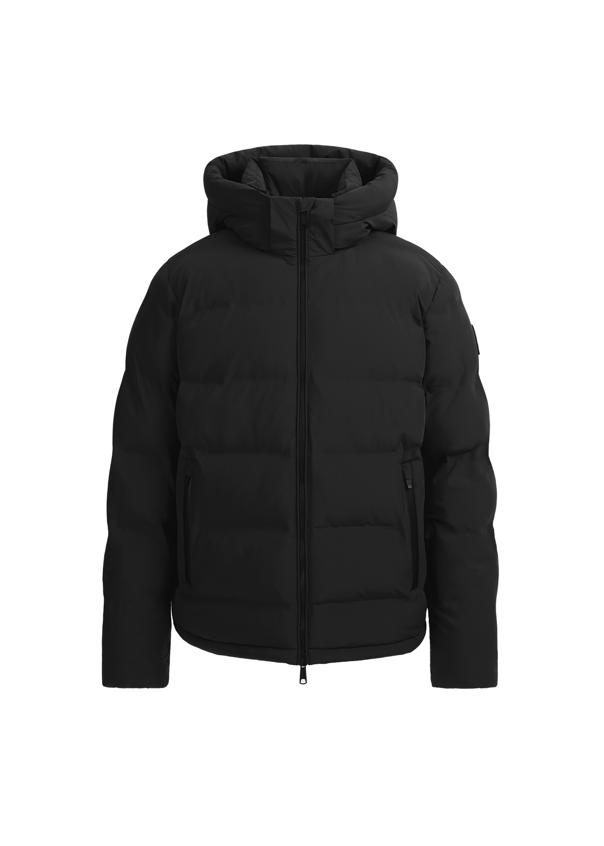 Black puffer jacket on a white background