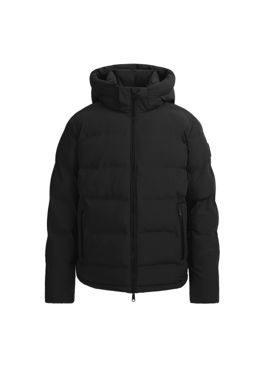 Black puffer jacket on a white background