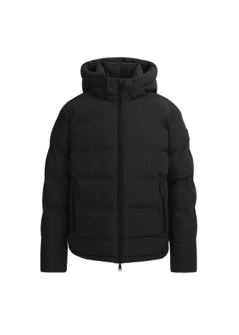 Black puffer jacket on a white background