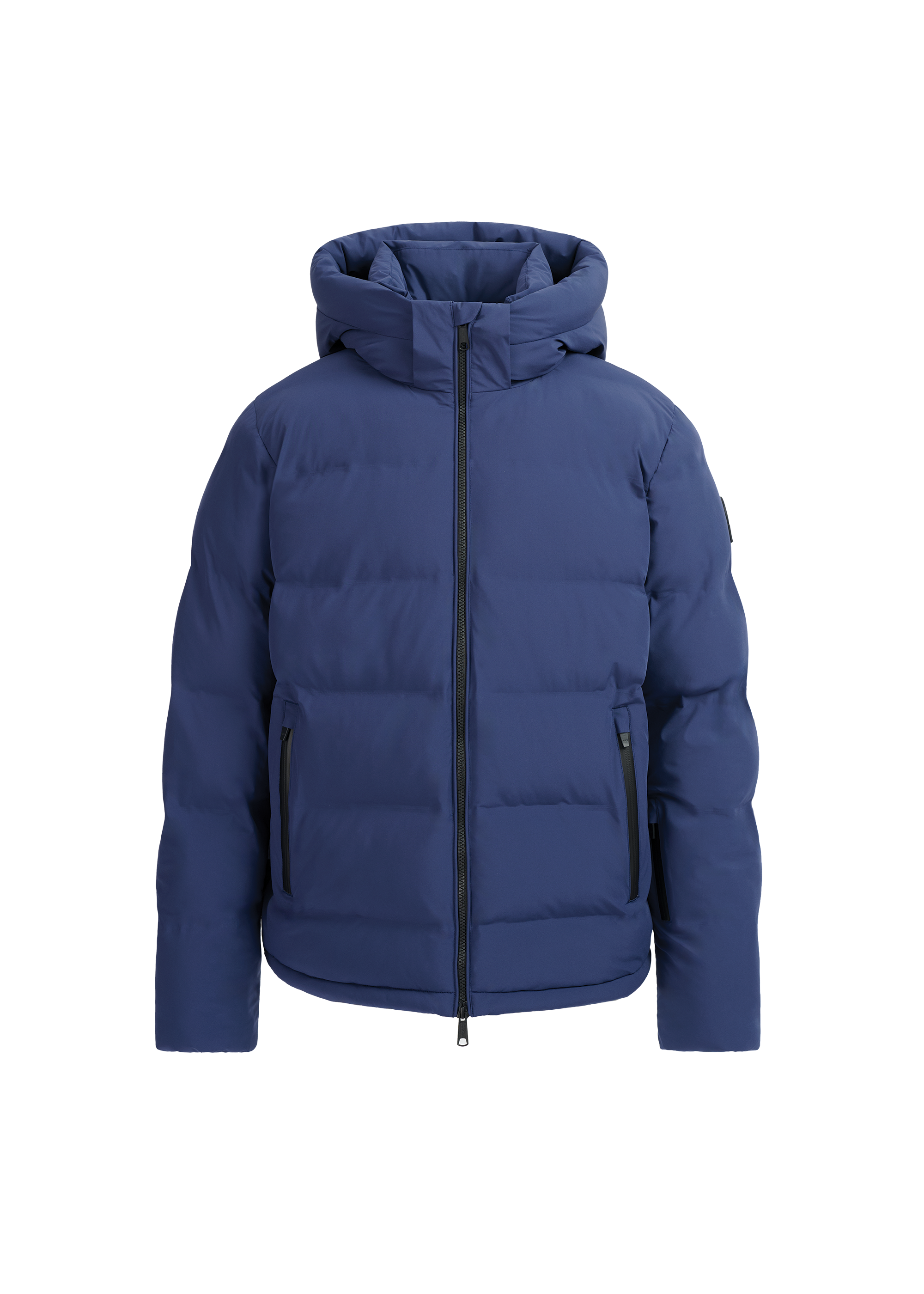 Blue puffer jacket with a hood on a white background
