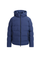 Blue puffer jacket with a hood on a white background