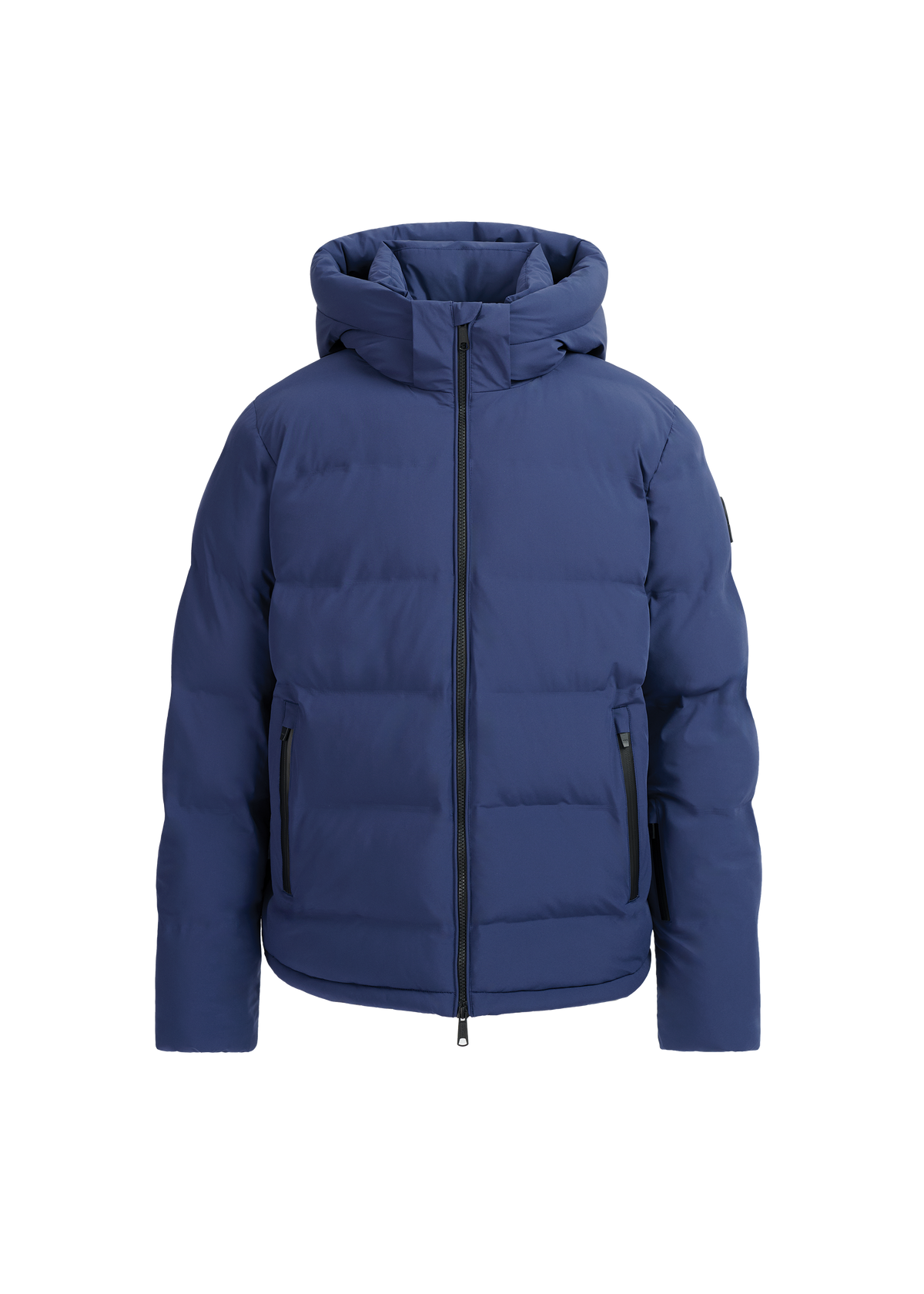 Blue puffer jacket with a hood on a white background