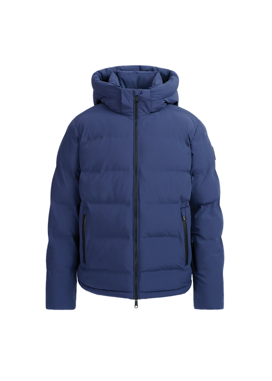 Blue puffer jacket with a hood on a white background
