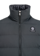 Dark gray puffer jacket with a brand logo on a white background