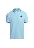 Light blue polo shirt with a small logo on a white background