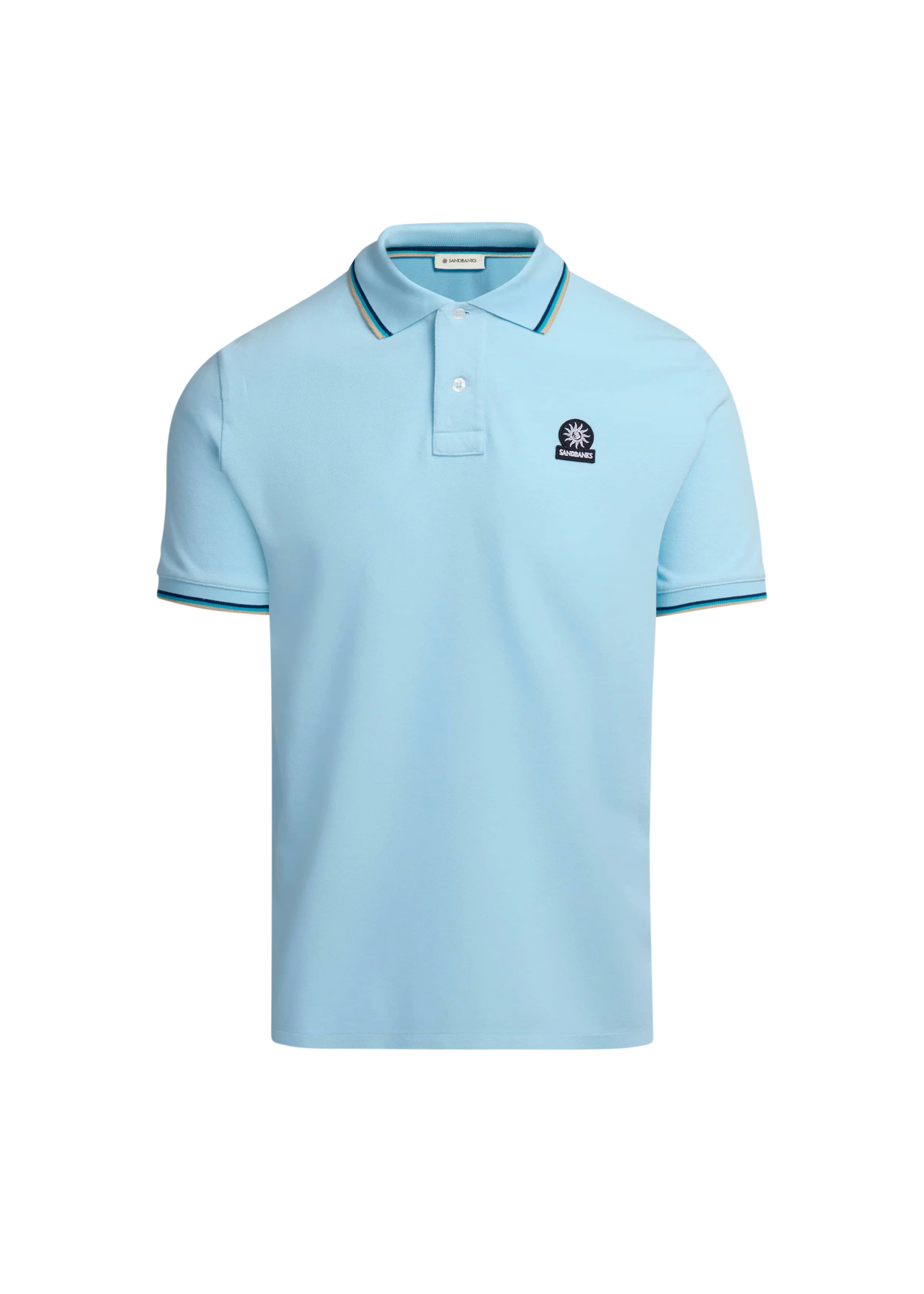 Light blue polo shirt with a small logo on a white background