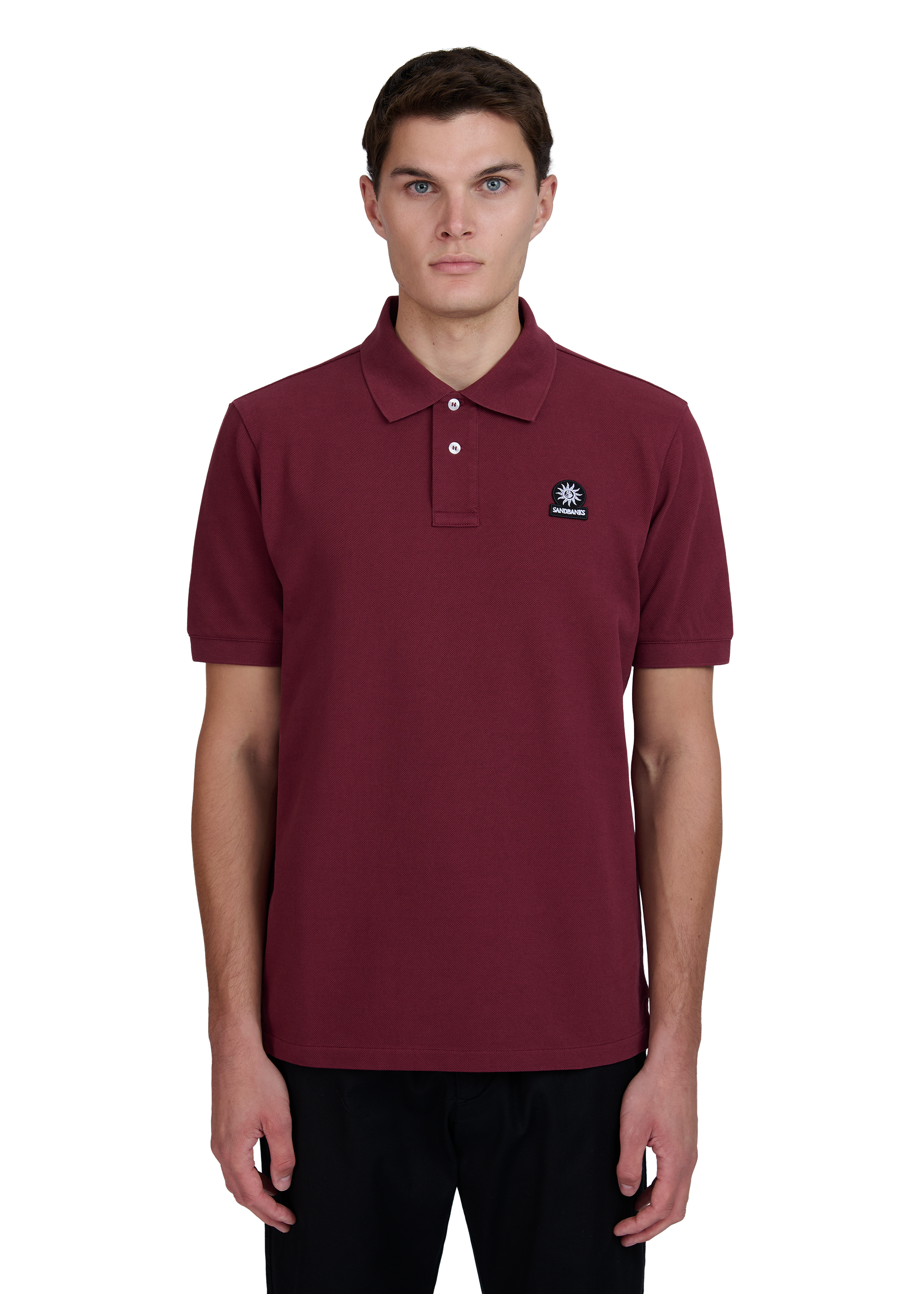 Model wearing Sandbanks Badge Logo Pique Polo Shirt - Port