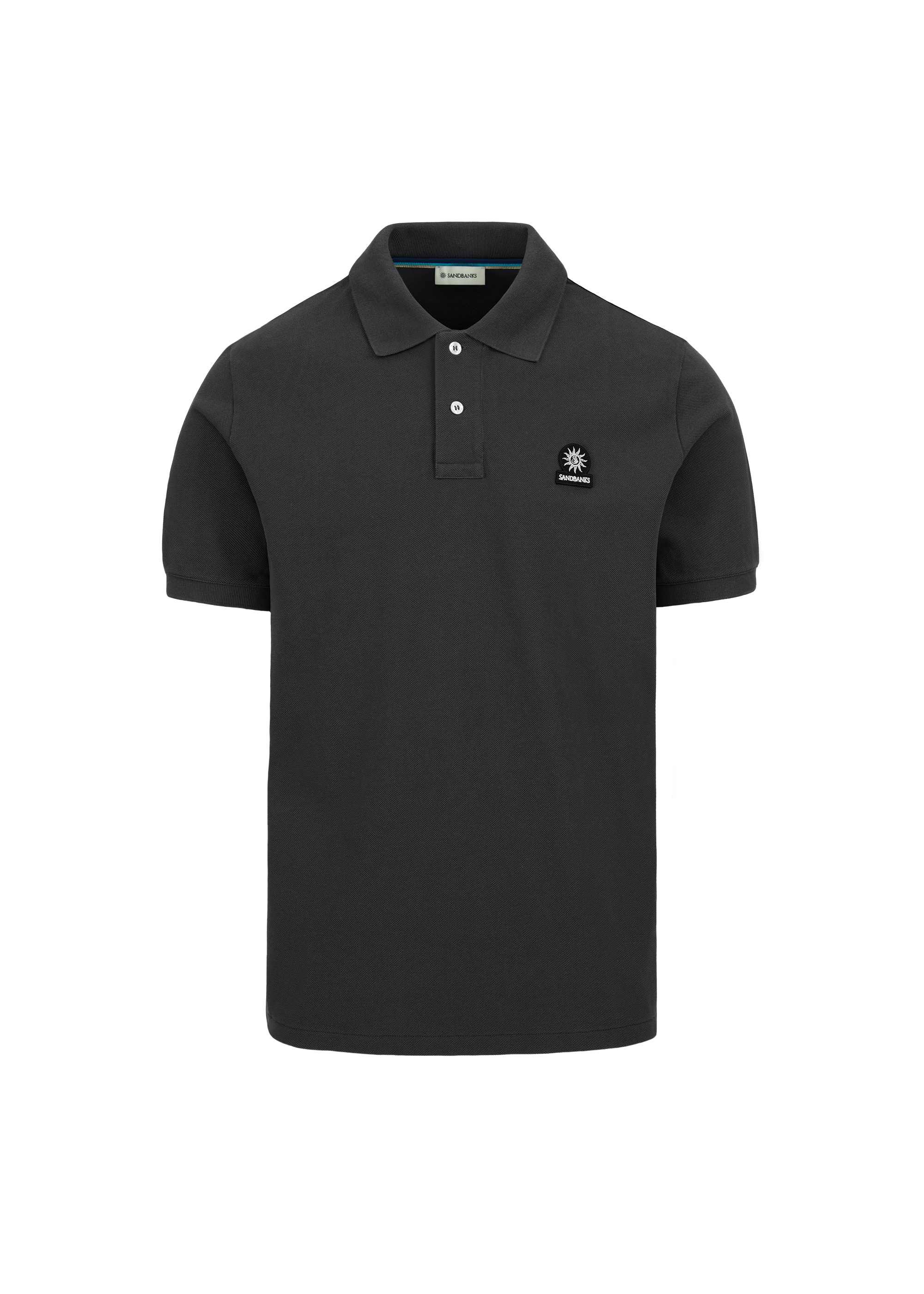 Black polo shirt with sandbanks logo on the right 