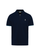 Navy polo shirt with a small logo on a white background