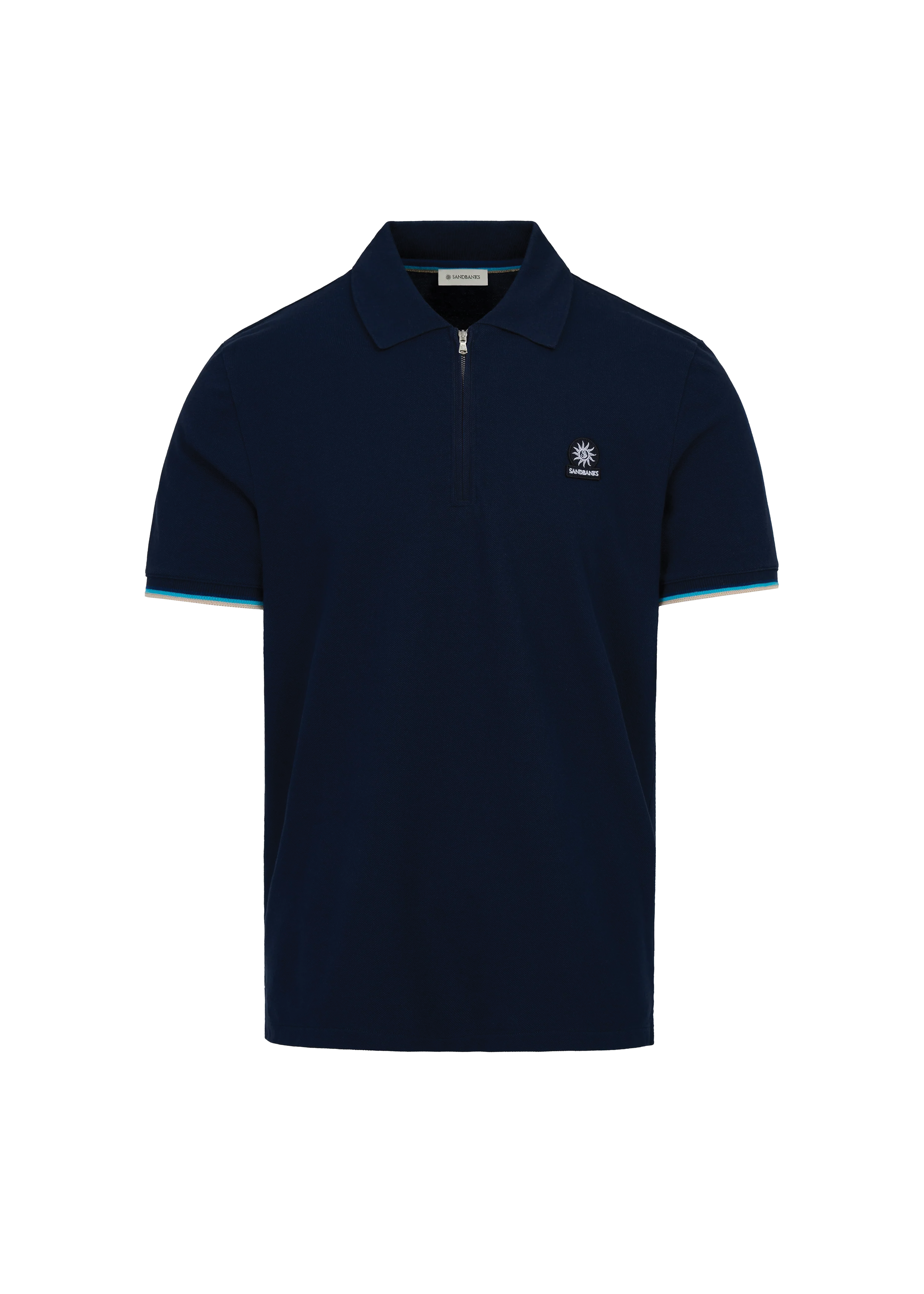 Navy polo shirt with a small logo on a white background