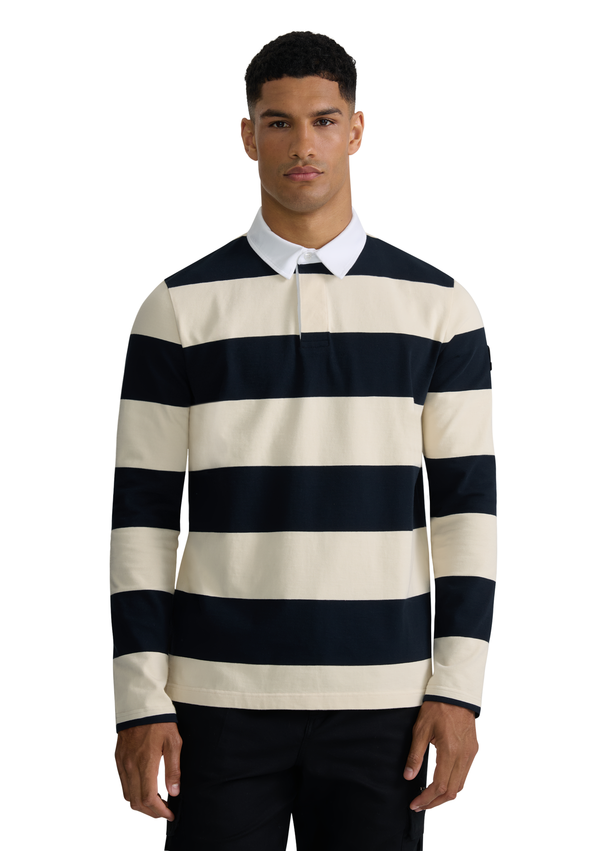 Sandbanks Stripe Rugby Polo Shirt- Navy/Ecru