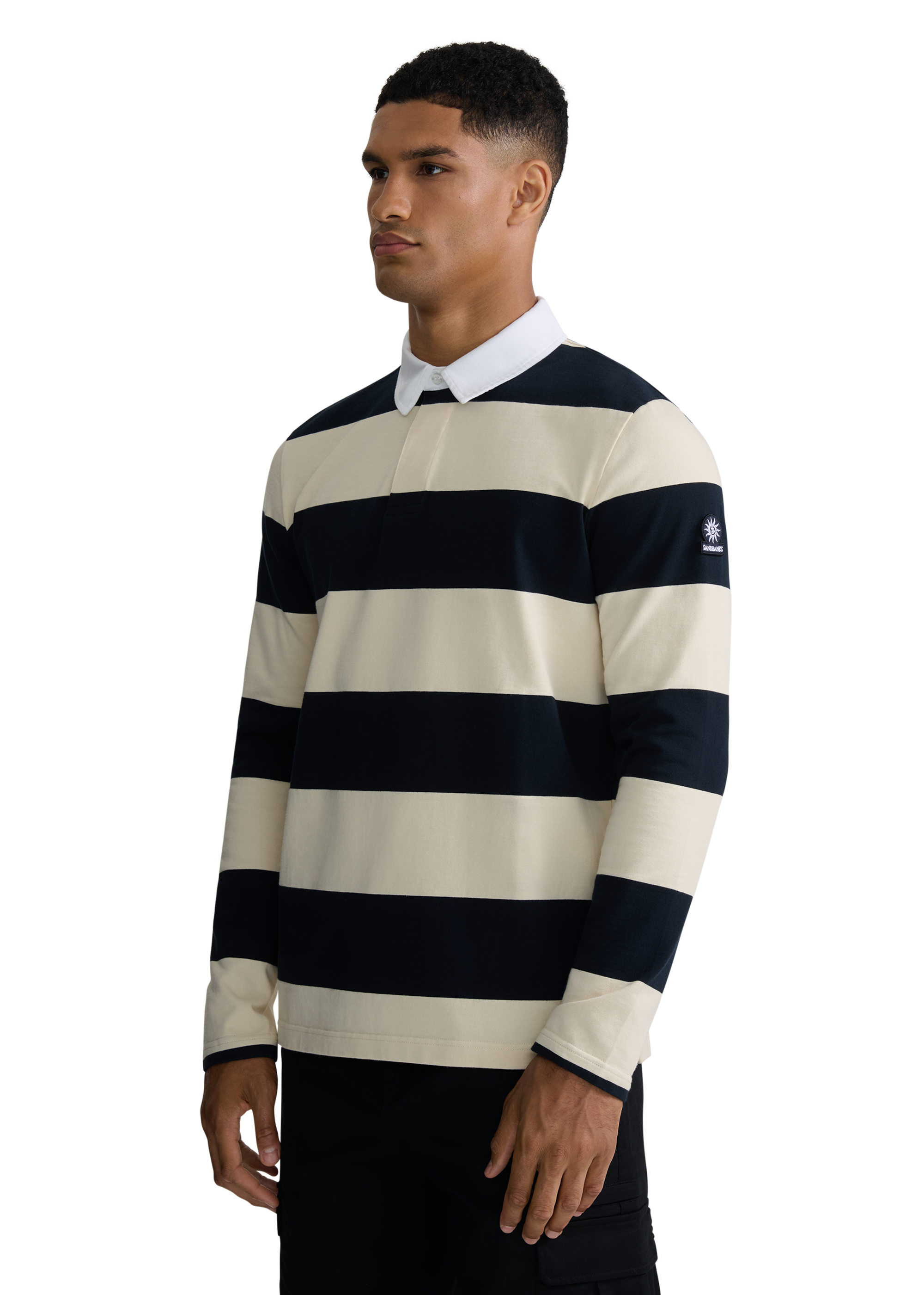 Sandbanks Stripe Rugby Polo Shirt- Navy/Ecru