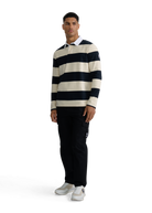 Sandbanks Stripe Rugby Polo Shirt- Navy/Ecru