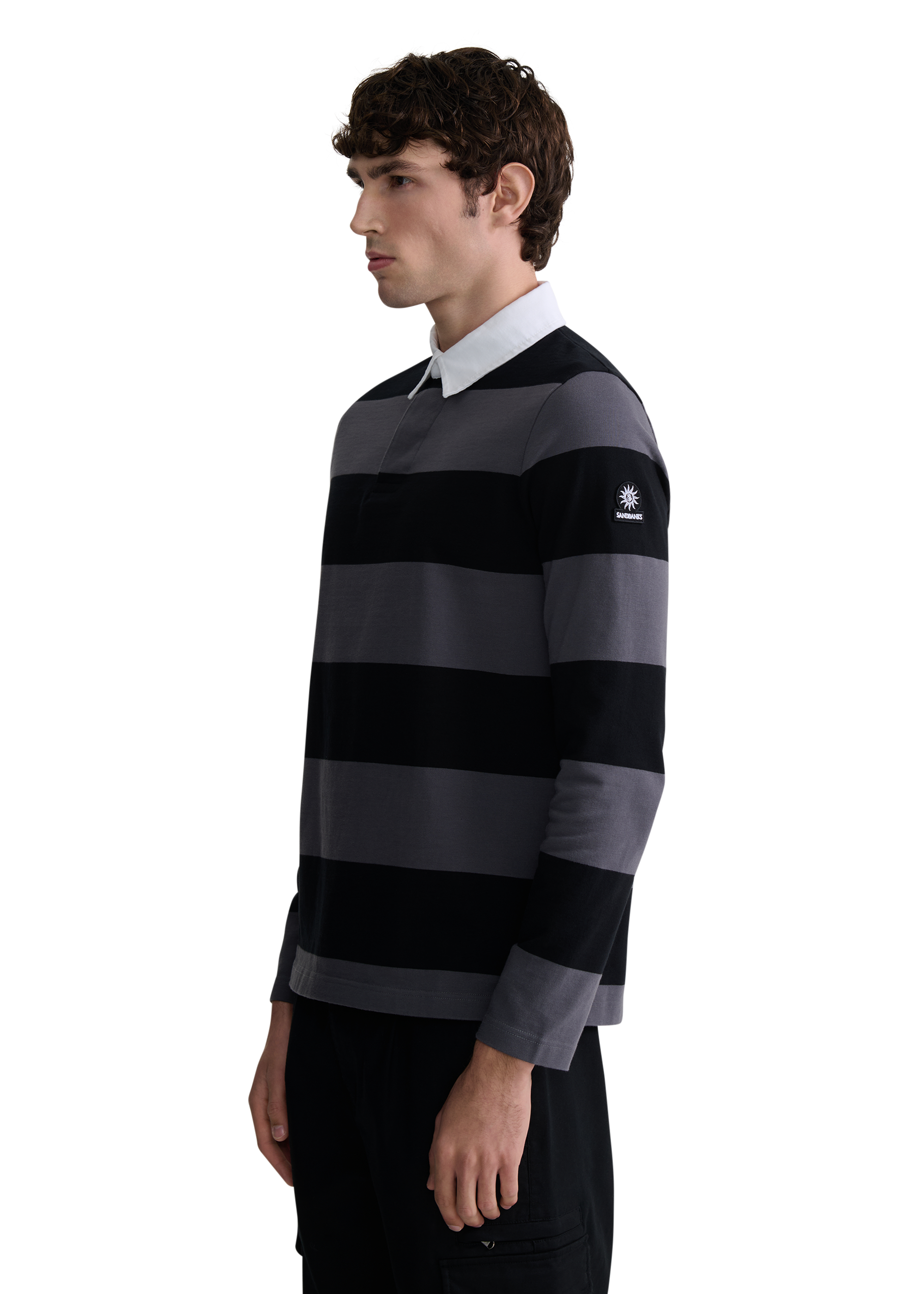 Sandbanks Stripe Rugby Polo Shirt - Black/Anthracite