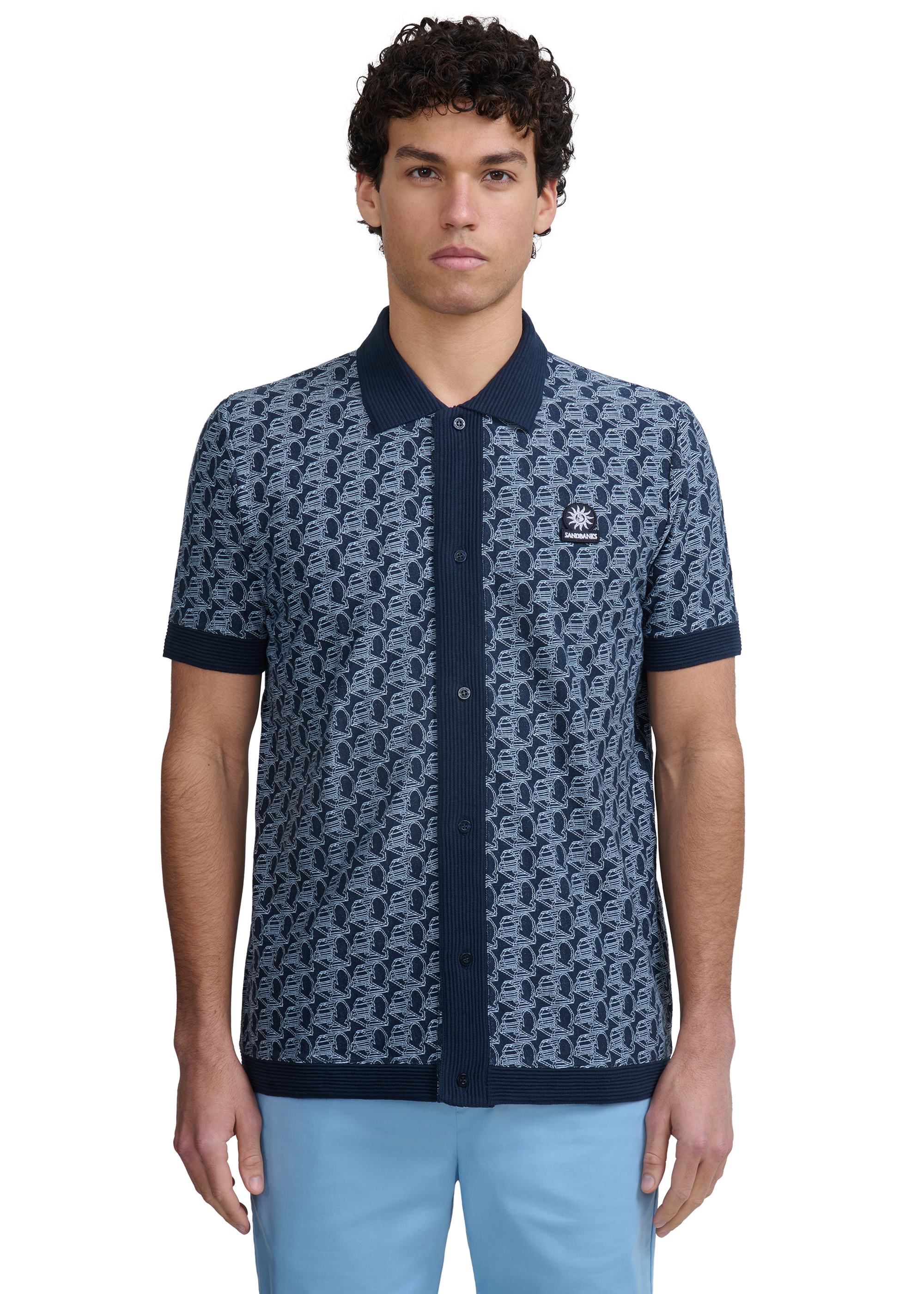 Sandbanks Jacquard Full Button Polo Shirt - Navy