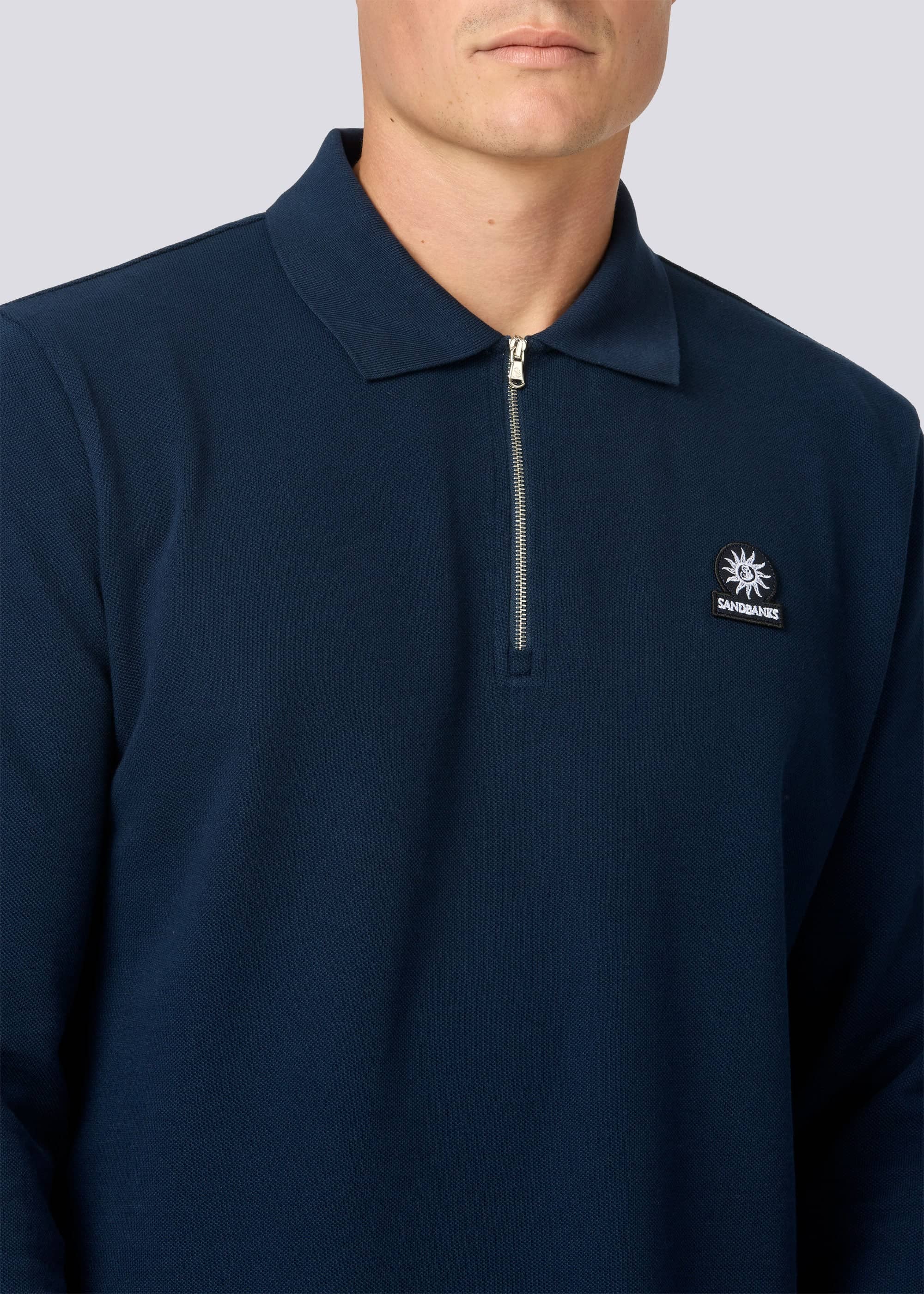 Sandbanks Badge Logo Long Sleeve Zip Polo Shirt - Navy