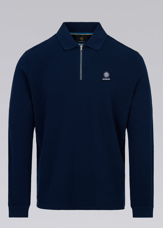 Sandbanks Badge Logo Long Sleeve Zip Polo Shirt - Navy