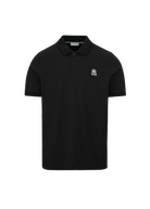 Black polo shirt with a small logo on a white background