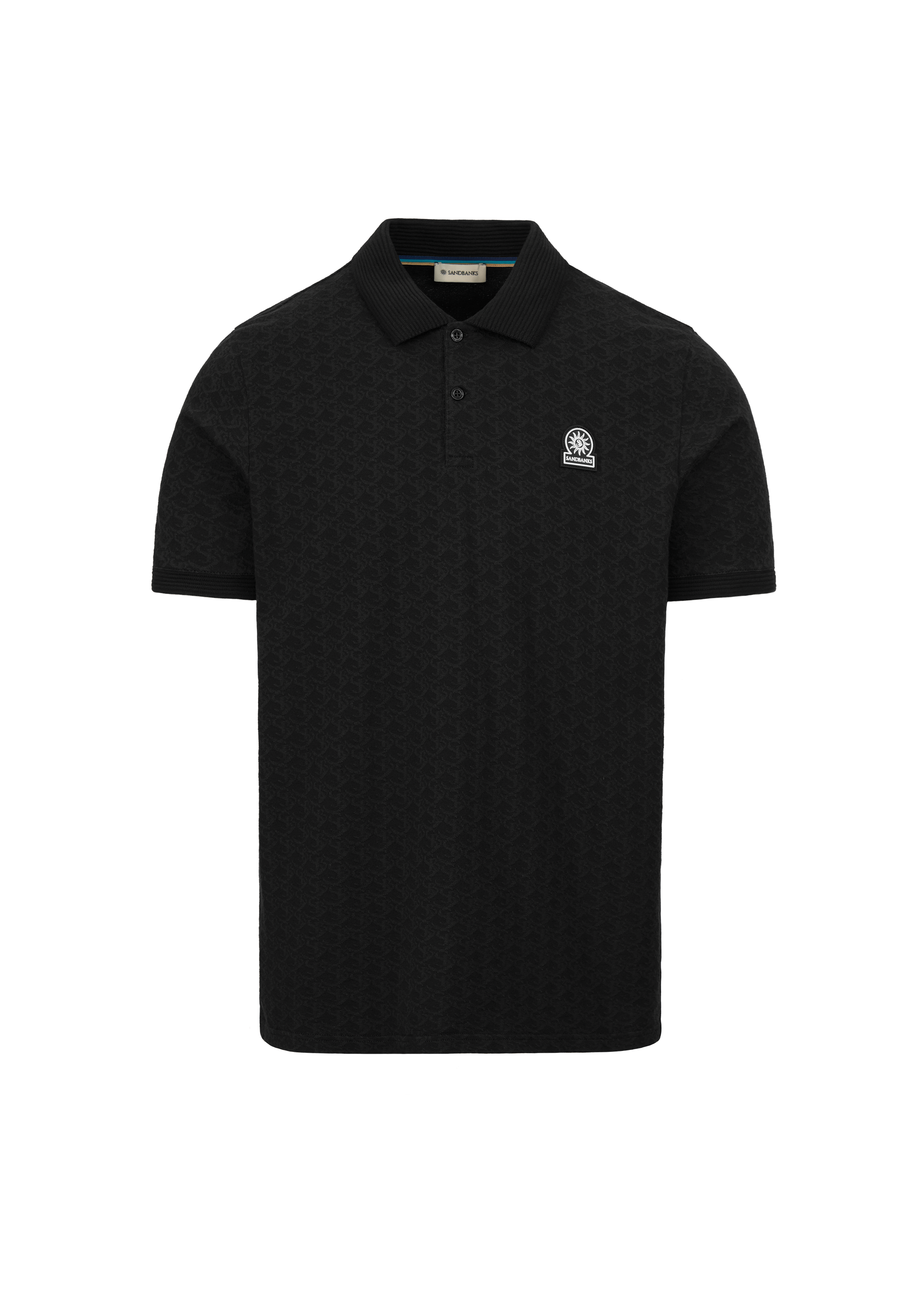 Black polo shirt with a small logo on a white background