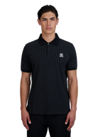 Model wearing a black patterned polo shirt with a logo on a white background