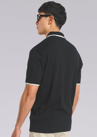 Sandbanks Jacquard Stripe Knit Polo Shirt - Black