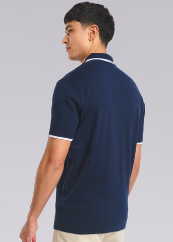 Sandbanks Jacquard Stripe Knit Polo Shirt - Navy