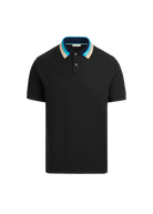 Black polo shirt with a colorful collar on a white background