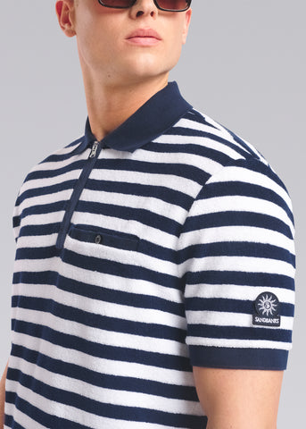 Sandbanks Striped Towelling Zip Polo Shirt - Navy/White