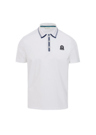 White polo shirt with black collar and logo on a white background