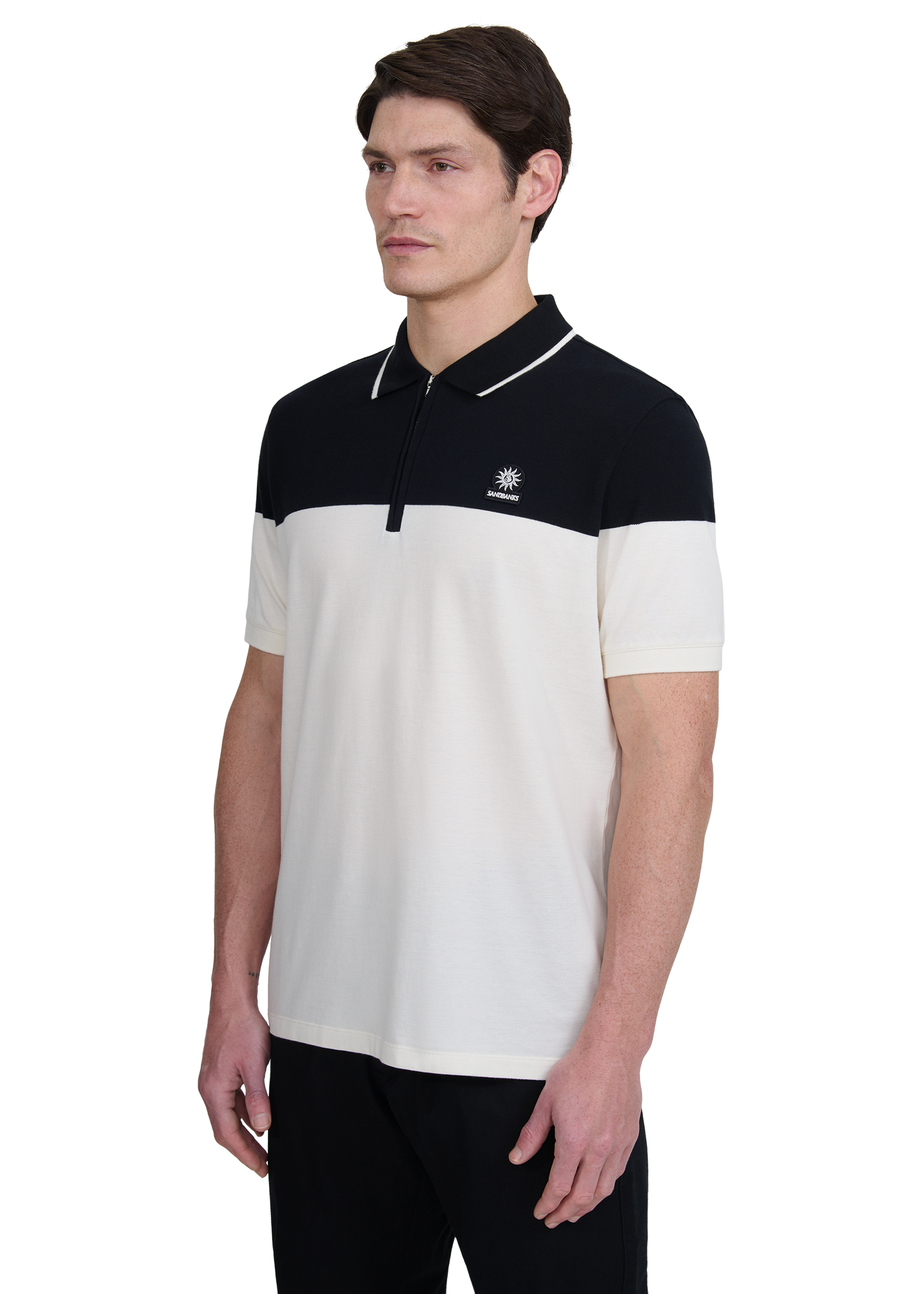 Colour Block Zip Polo Shirt - Ecru/Black