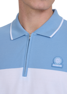 Colour Block Zip Polo Shirt - Dusty Blue/White