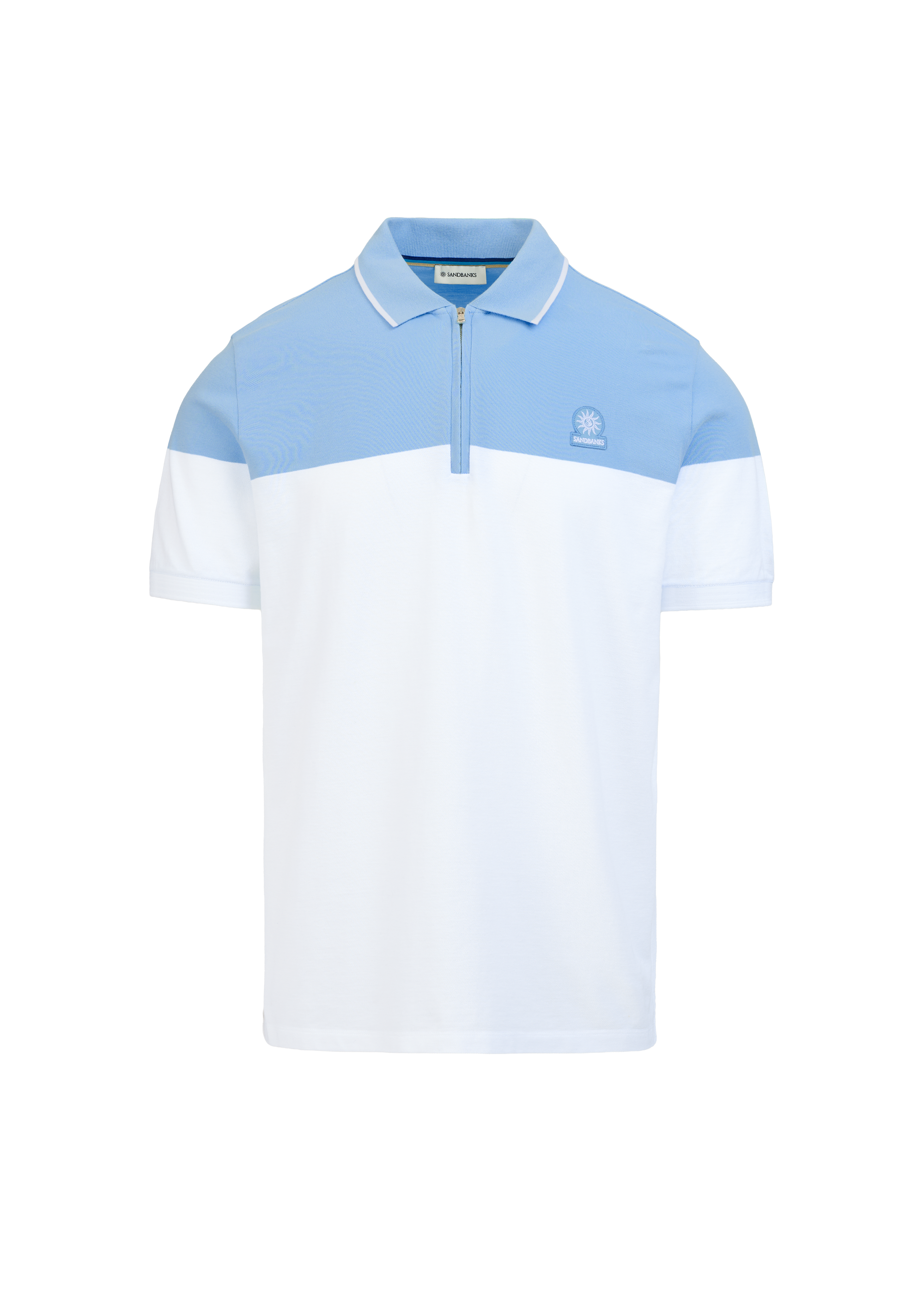Colour Block Zip Polo Shirt - Dusty Blue/White