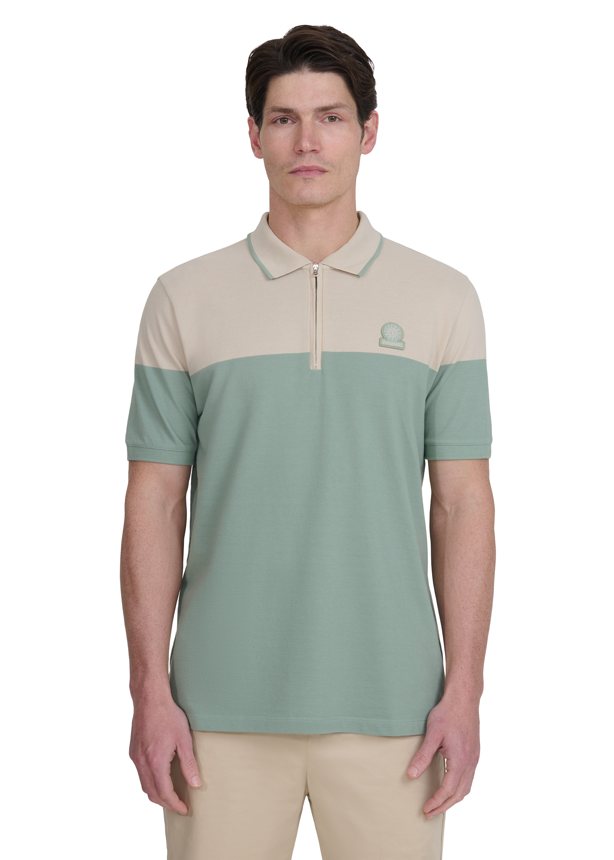 Colour Block Zip Polo Shirt - Stone/Sage