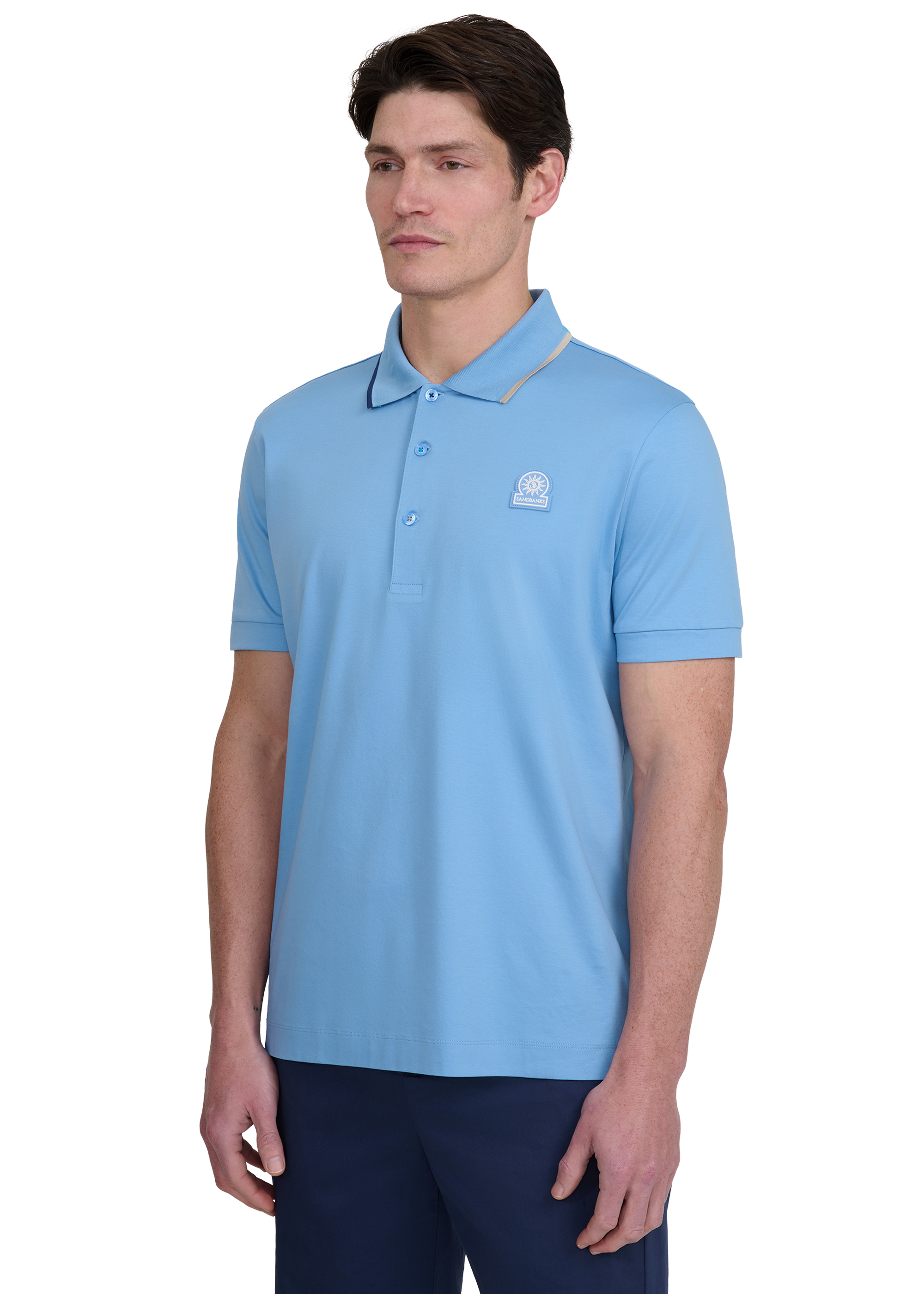 Tri-Colour Tipped 3-Button Polo Shirt - Dusty Blue