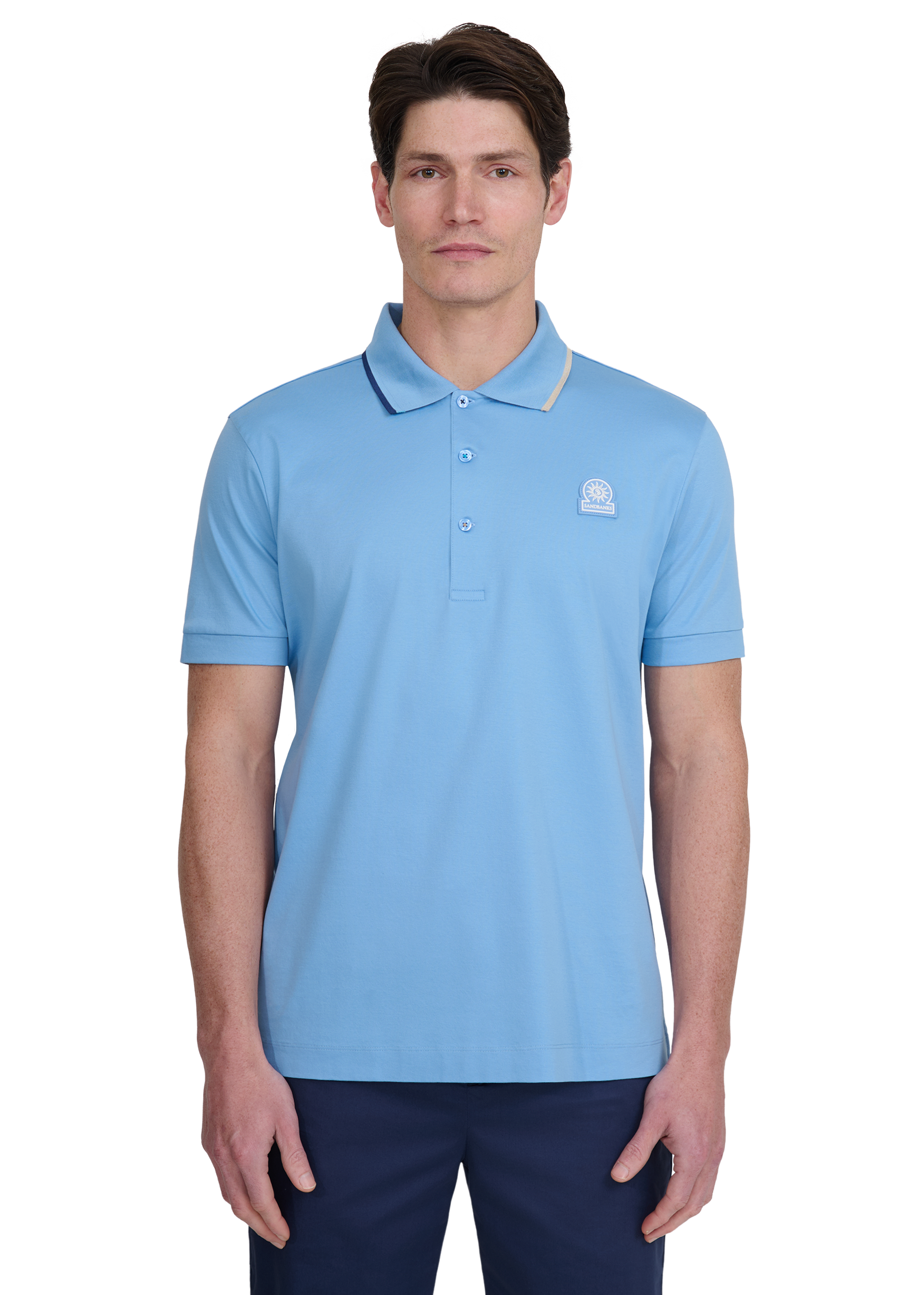 Tri-Colour Tipped 3-Button Polo Shirt - Dusty Blue