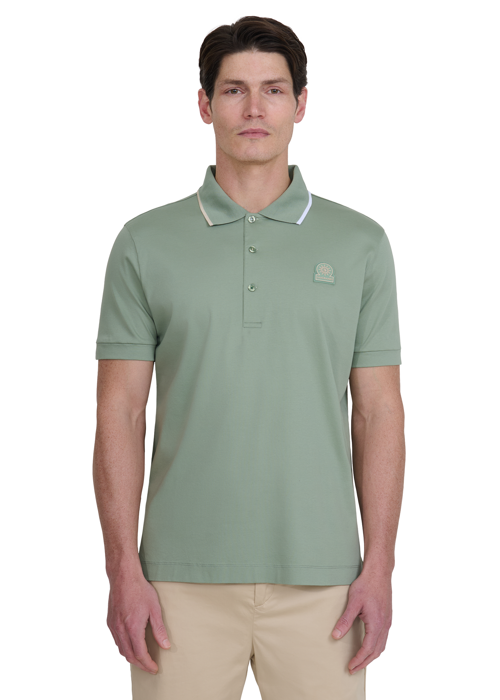 Tri-Colour Tipped 3-Button Polo Shirt - Sage