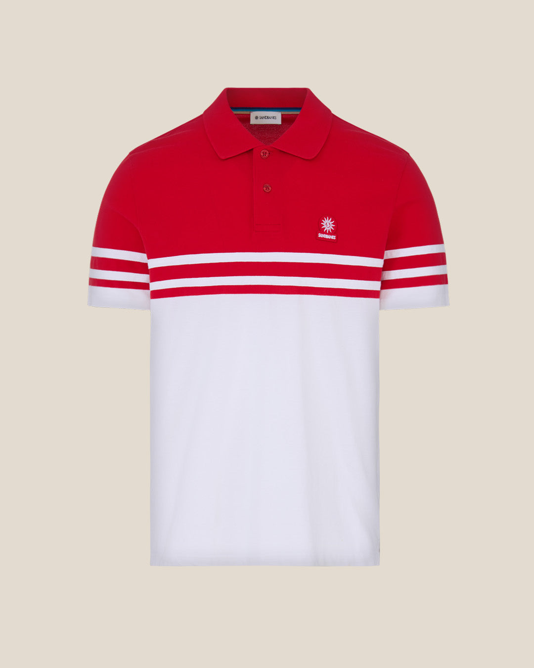 Red and white striped polo shirt with a logo on a beige background