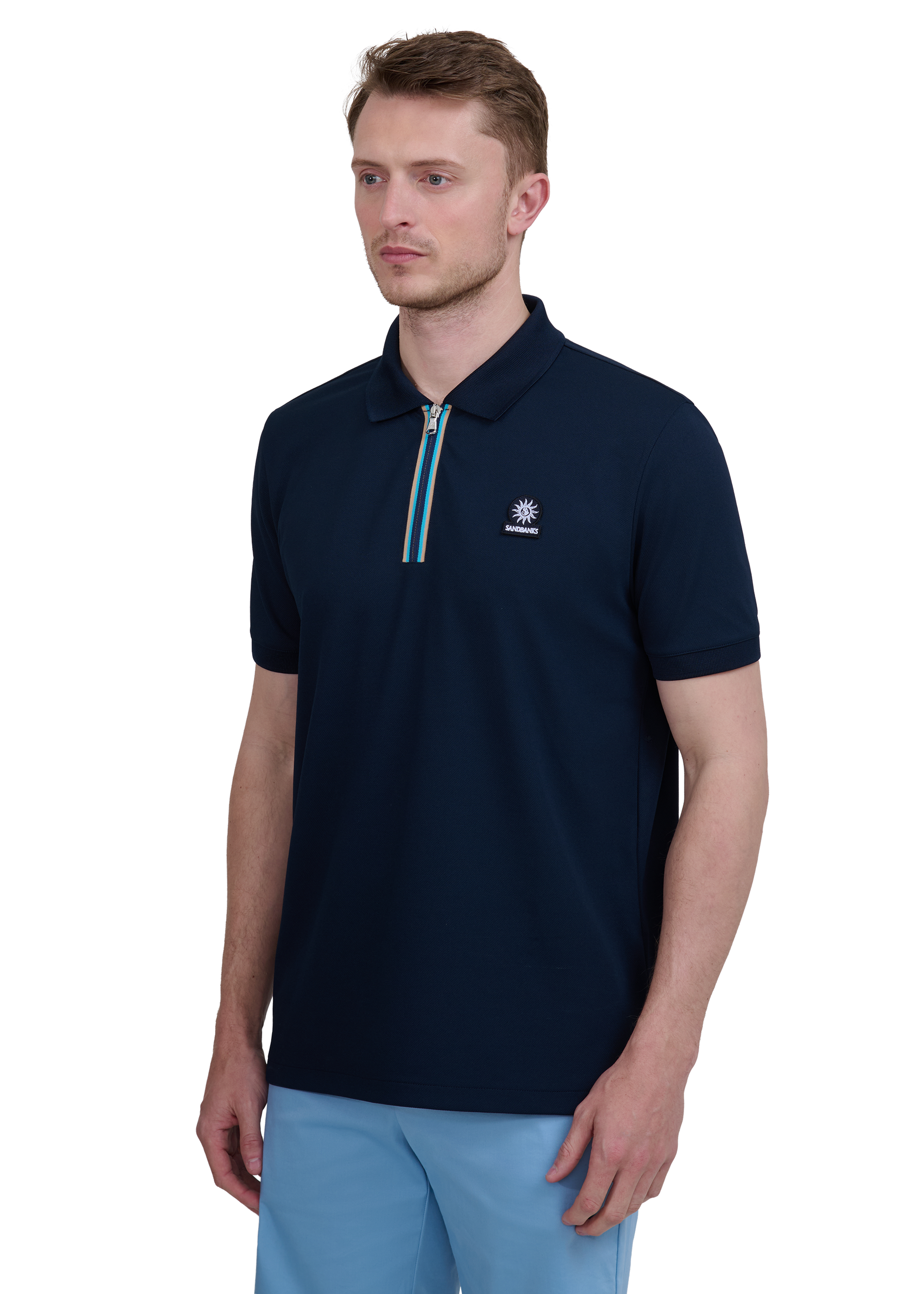 Tri-Colour Zip Polo Shirt - Navy