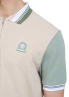 Contrast Sleeve and Collar Zip Polo Shirt - Stone