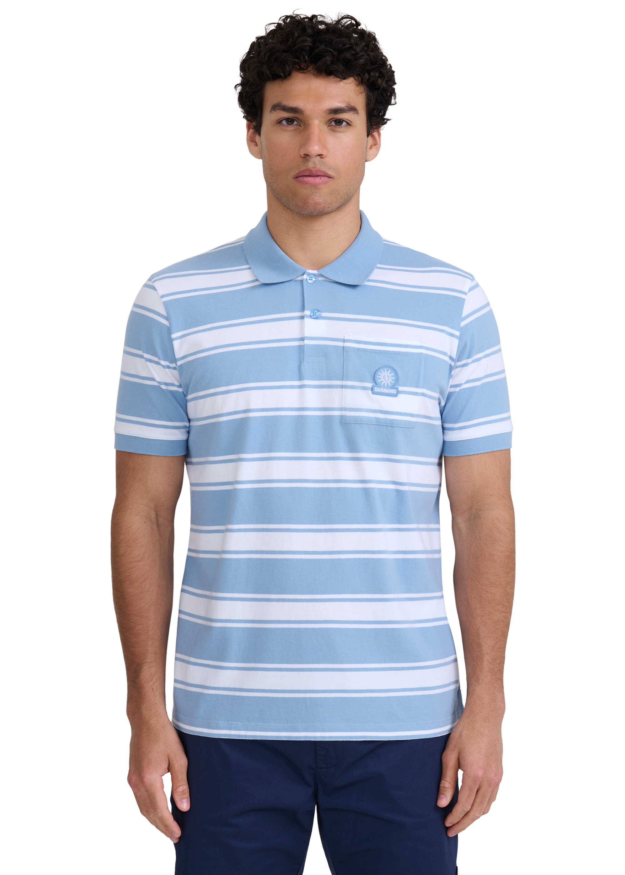 Stripe Pocket Cotton Polo Shirt - Dusty Blue