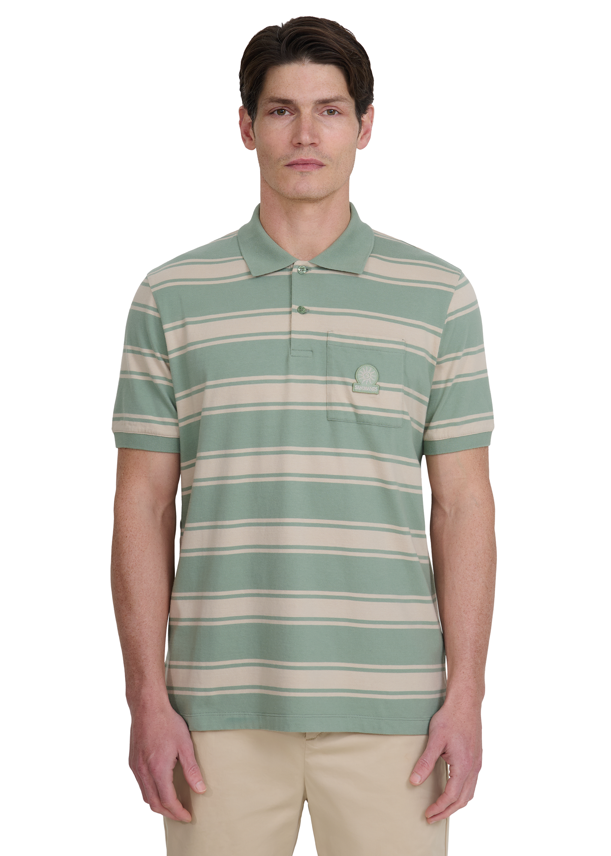 Stripe Pocket Cotton Polo Shirt - Sage