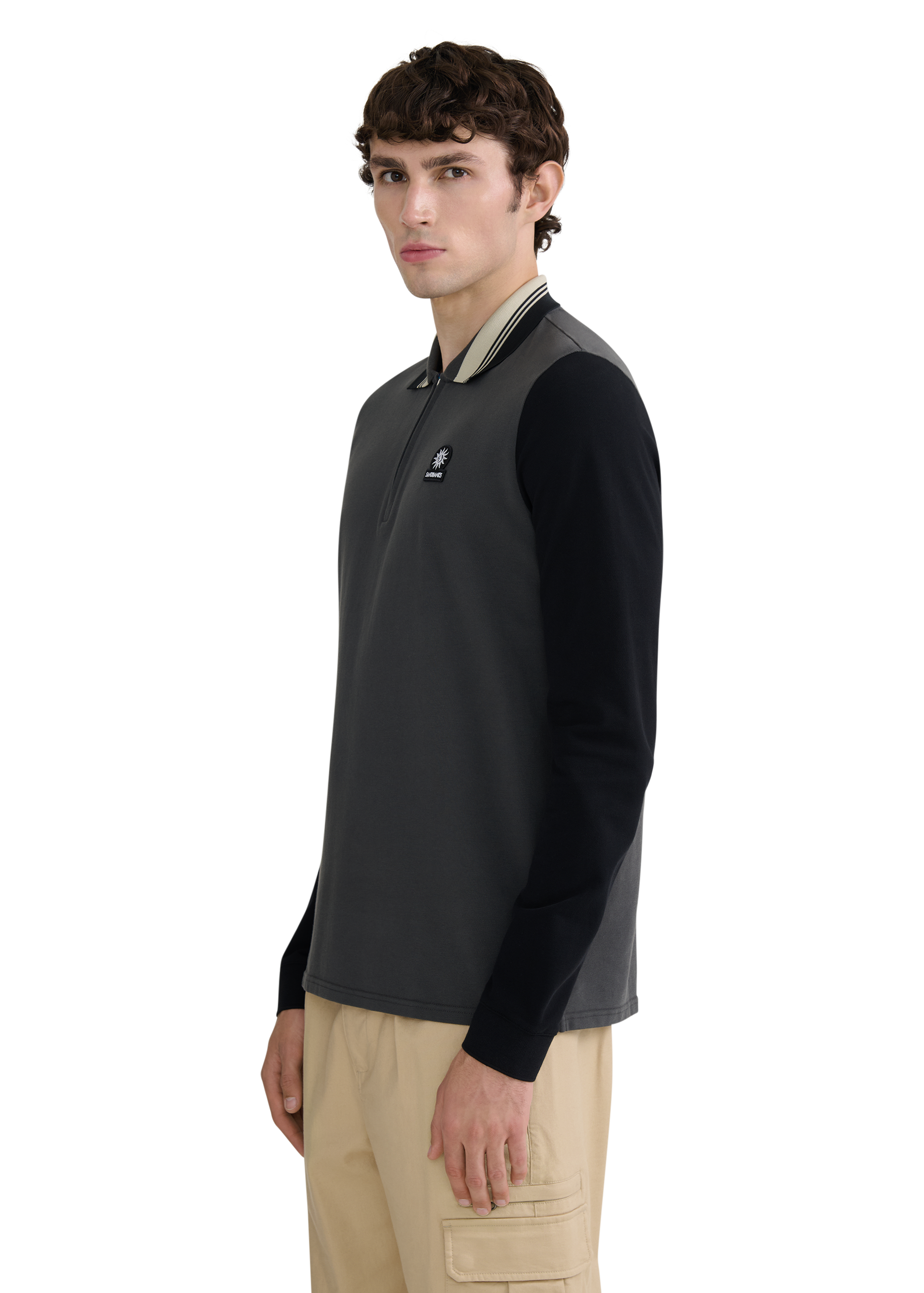Long Sleeve Colour Block Zip Polo Shirt - Anthracite