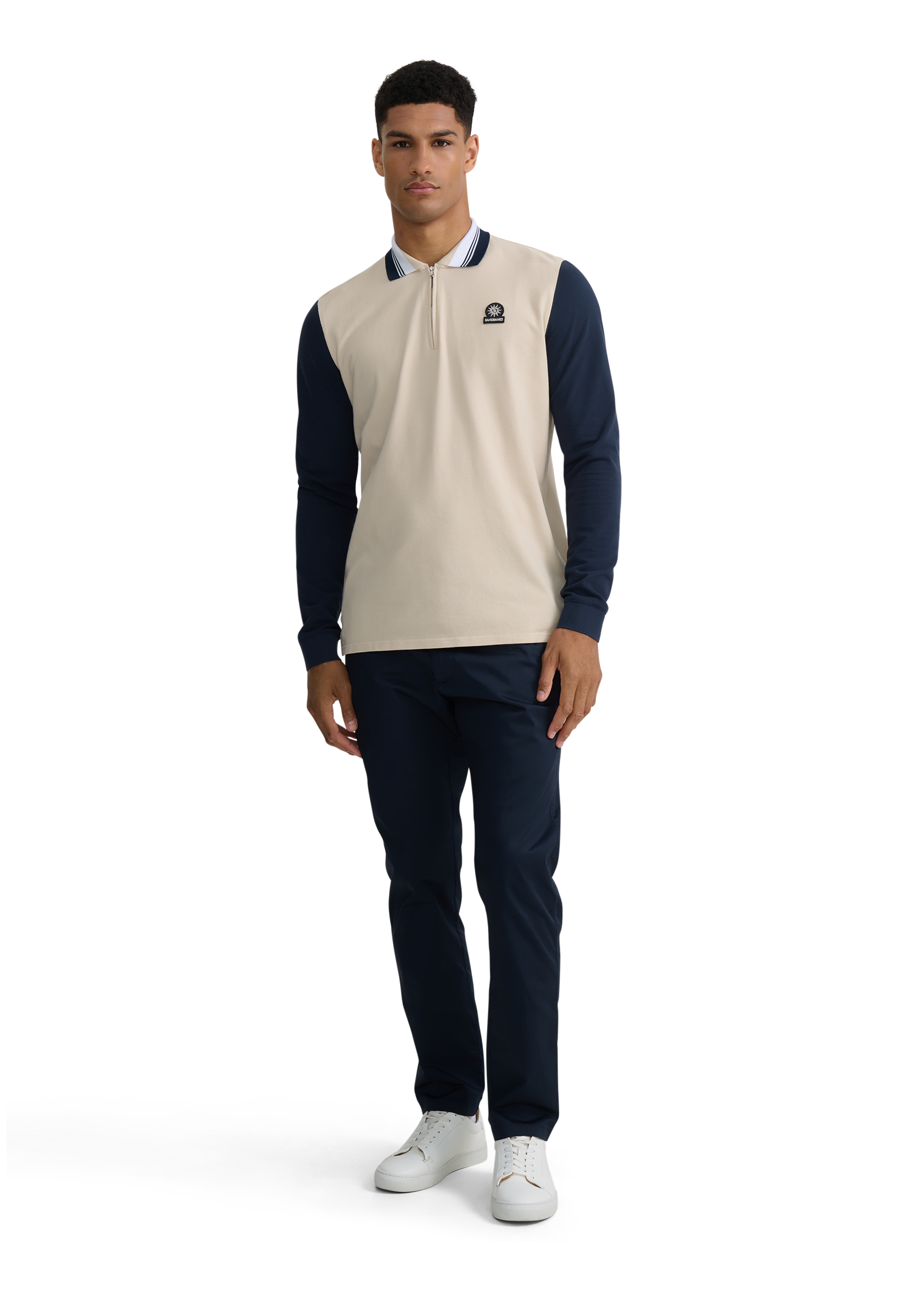 Long Sleeve Colour Block Zip Polo Shirt - Stone