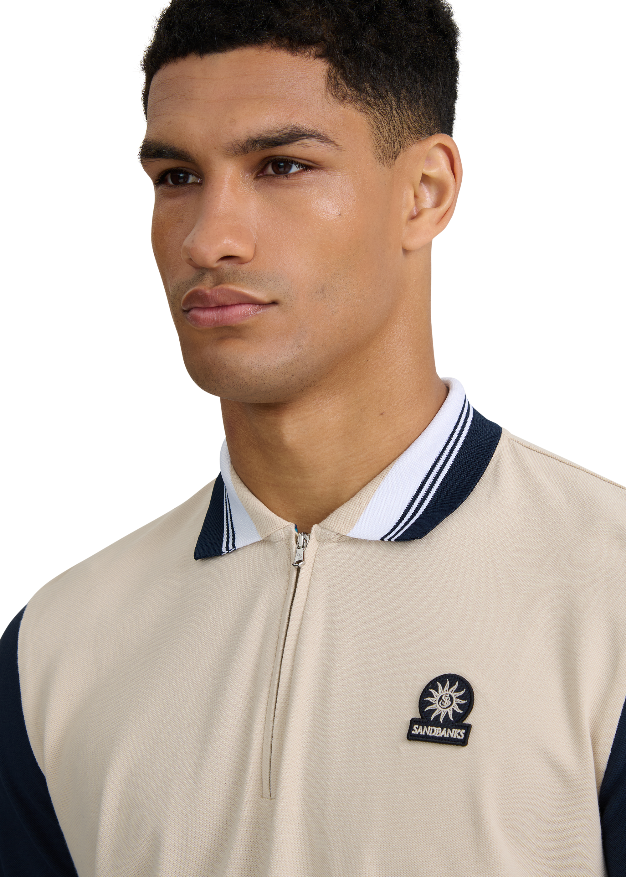 Long Sleeve Colour Block Zip Polo Shirt - Stone