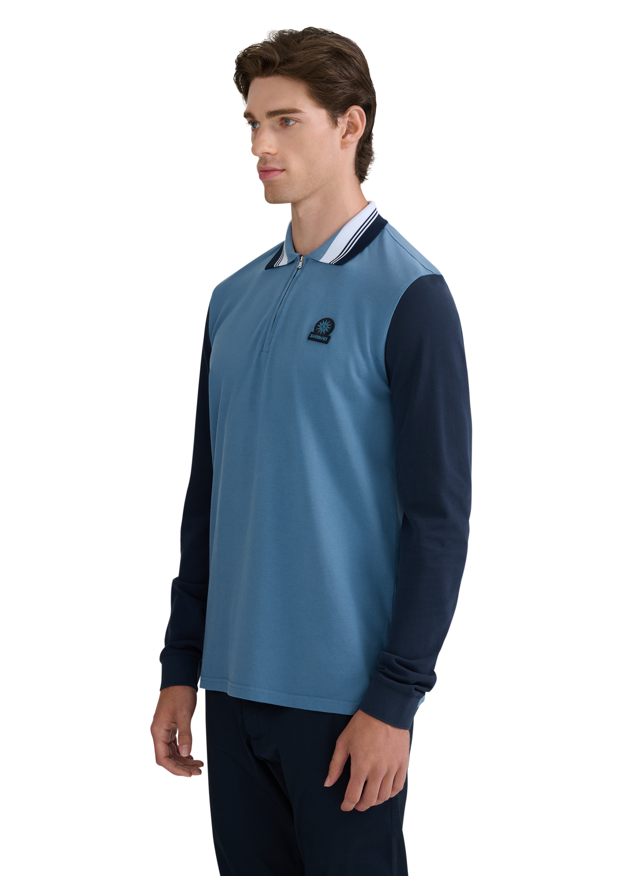 Long Sleeve Colour Block Zip Polo Shirt - Teal