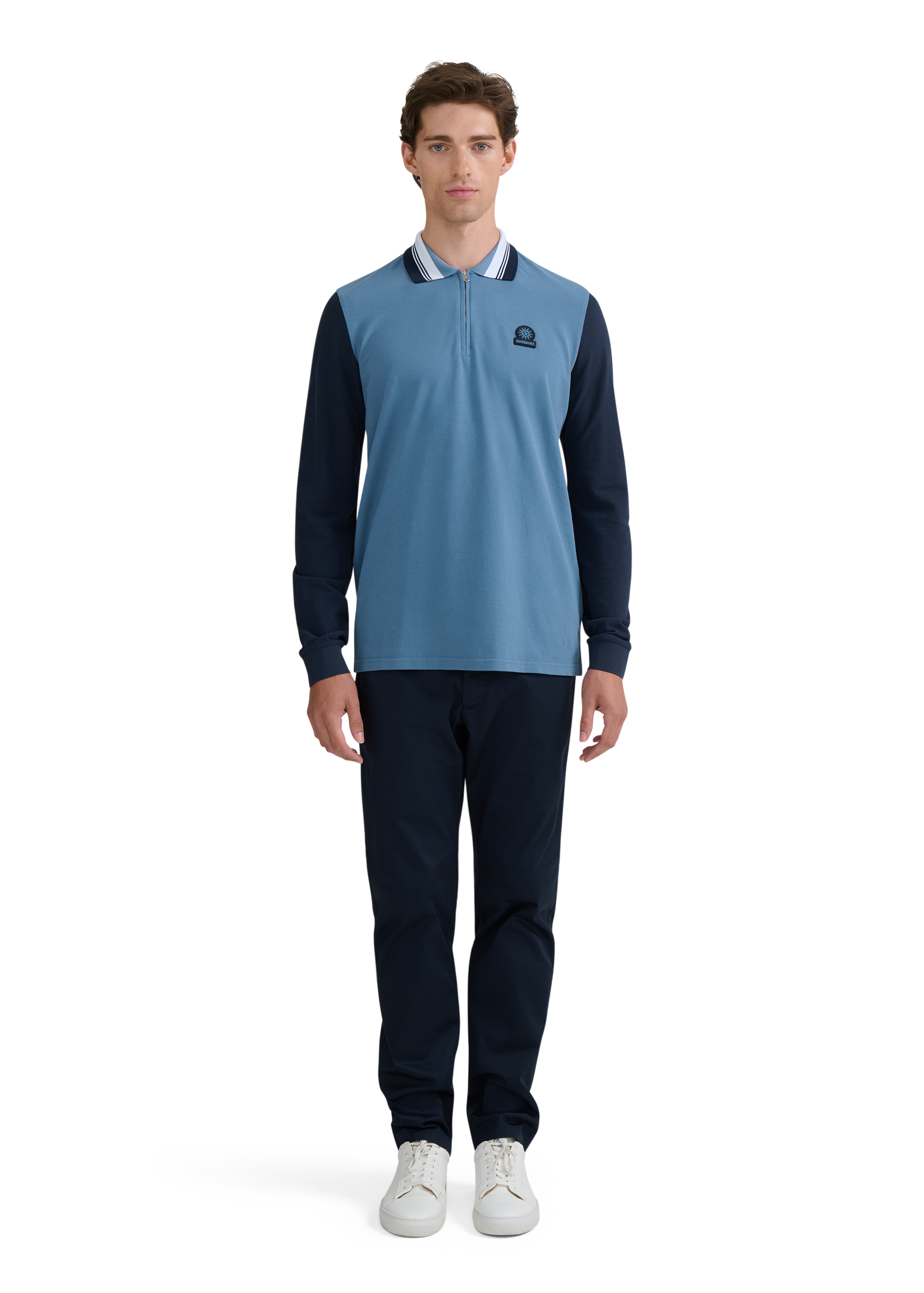 Long Sleeve Colour Block Zip Polo Shirt - Teal