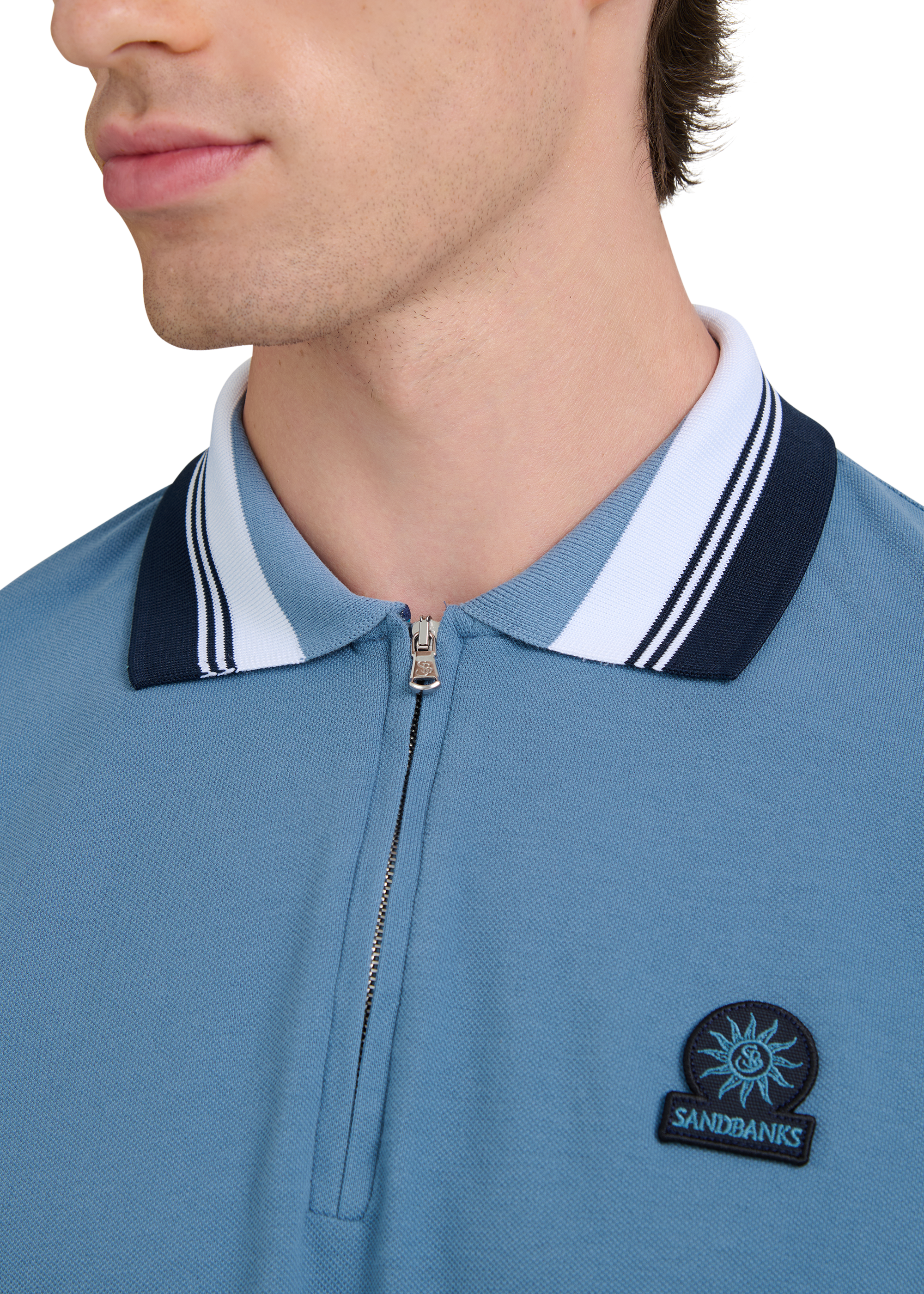 Long Sleeve Colour Block Zip Polo Shirt - Teal