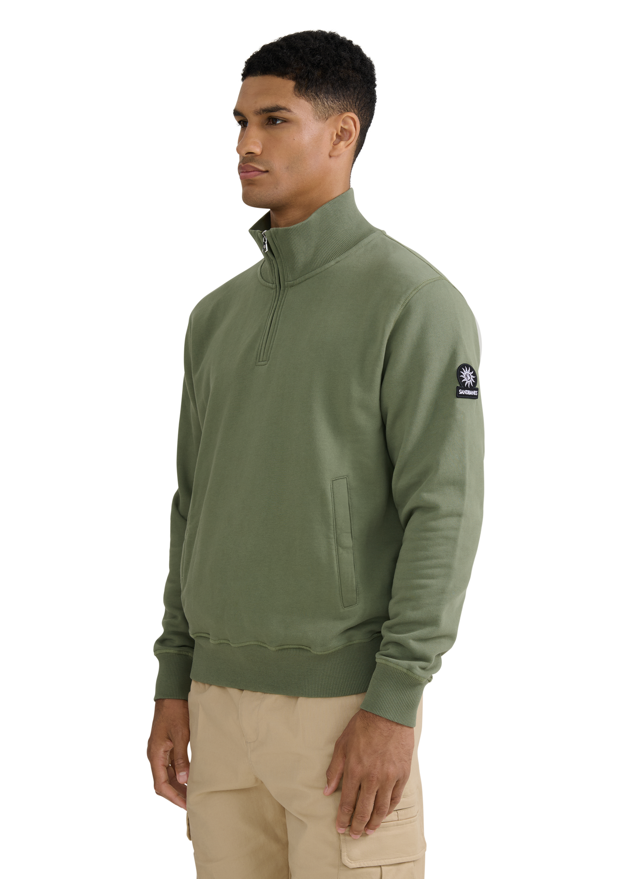Sandbanks Badge Logo Quarter Zip Sweatshirt - Olive