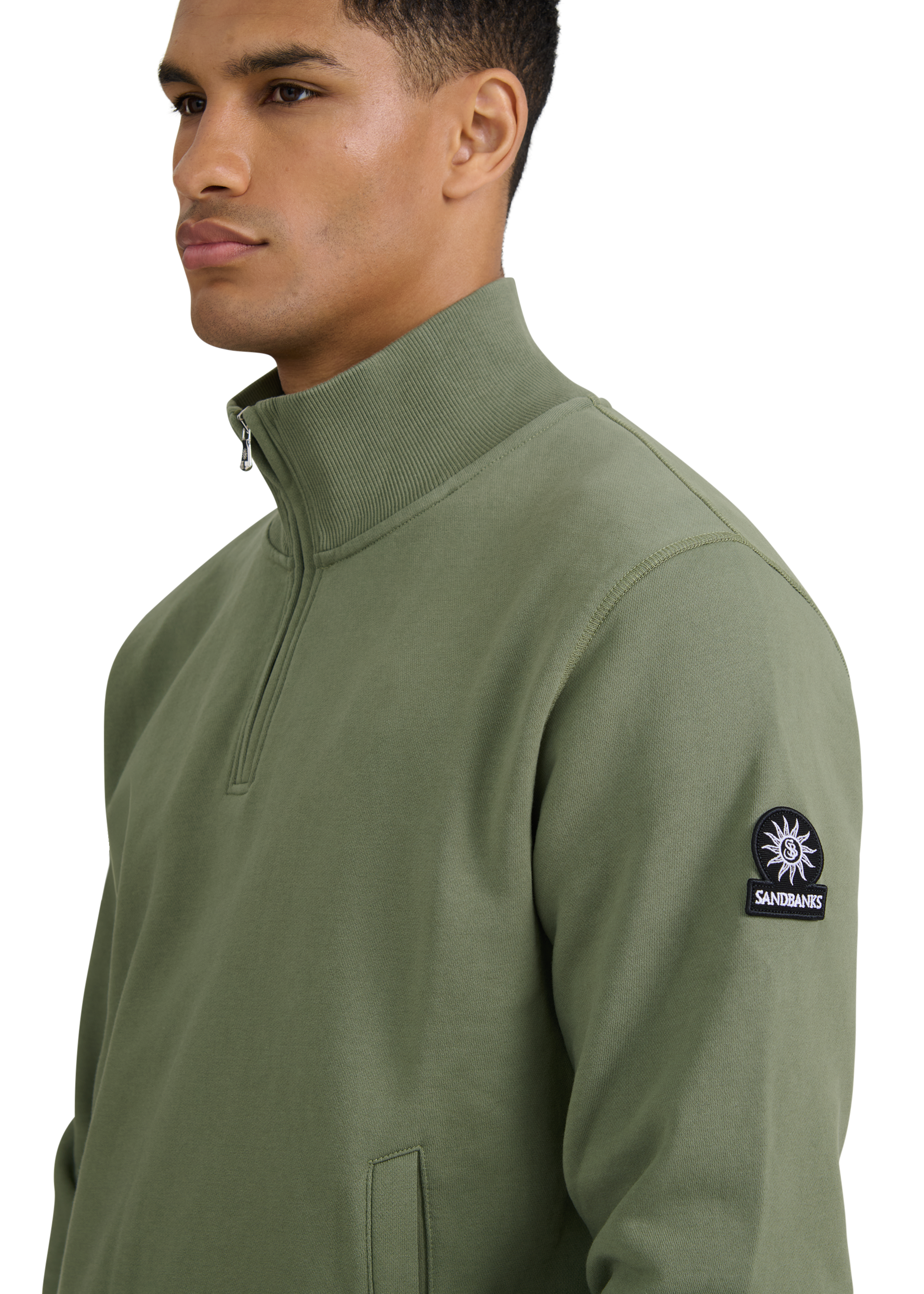 Sandbanks Badge Logo Quarter Zip Sweatshirt - Olive