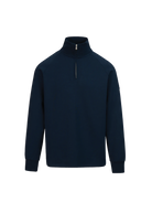 Navy blue quarter-zip sweatshirt on a white background